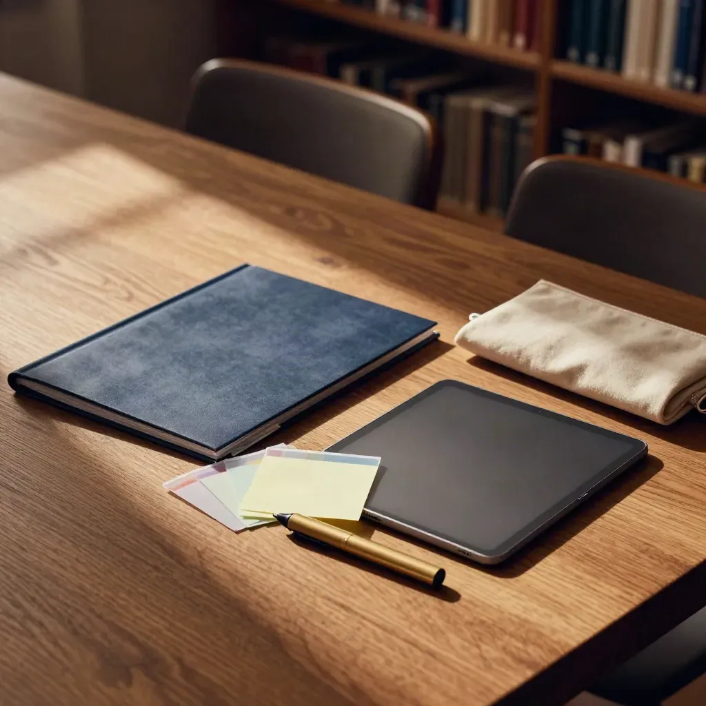 Workshop kit on a library table with sticky tabs, tablet, highlighter, and stacked chairs blurred behind