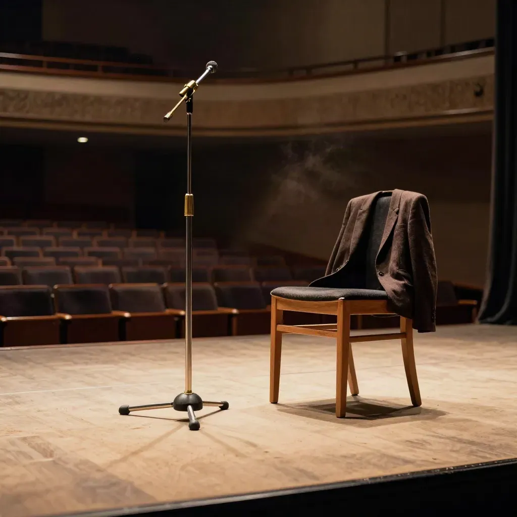 Vacant auditorium rehearsal setup with mic stand, stool, blazer on chair, and velvet curtains.