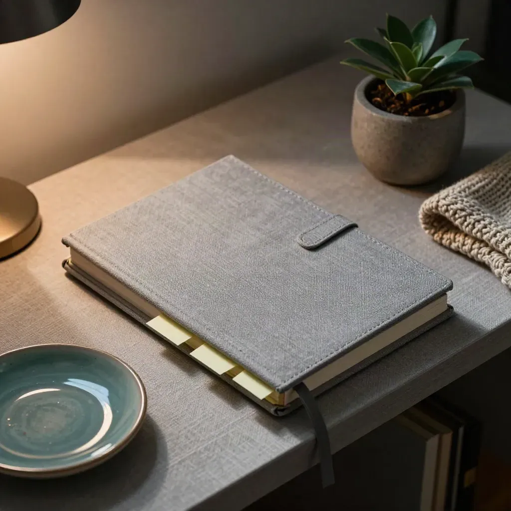 Top-down coaching notebook, tabs, ceramic dish, plant and folded knit on a shelf in warm lamp light.