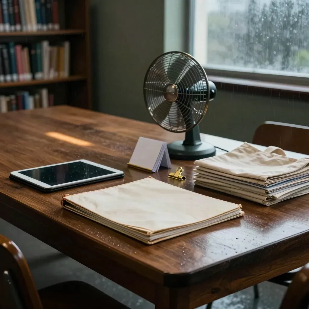 Rainy library workshop kit with binder, tablet, cue cards, tote and resource packs in cinematic light.