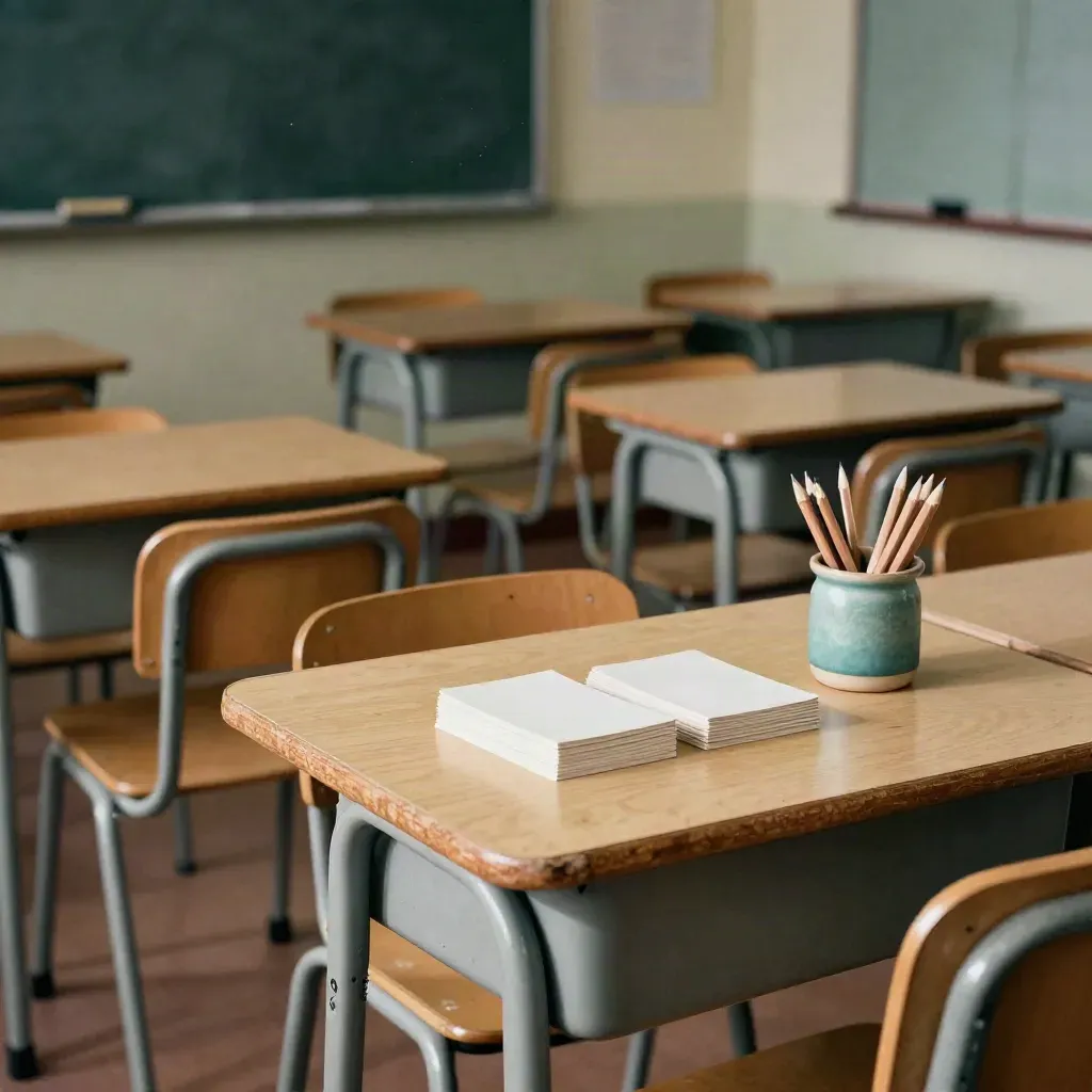 Reset classroom desks with blank cards, pencil cup and chalky board edge in warm afternoon light.