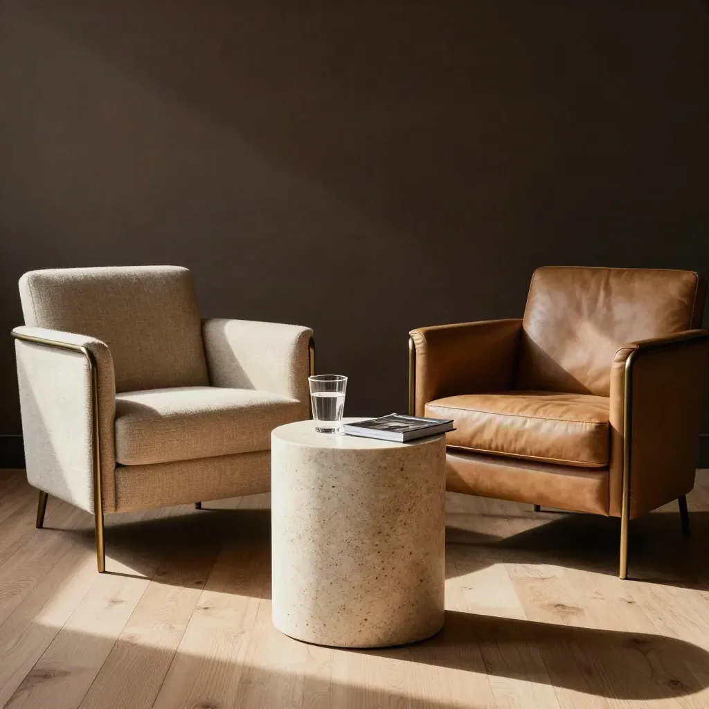 Two empty armchairs, water glass, and face-down cards in a cozy coaching nook