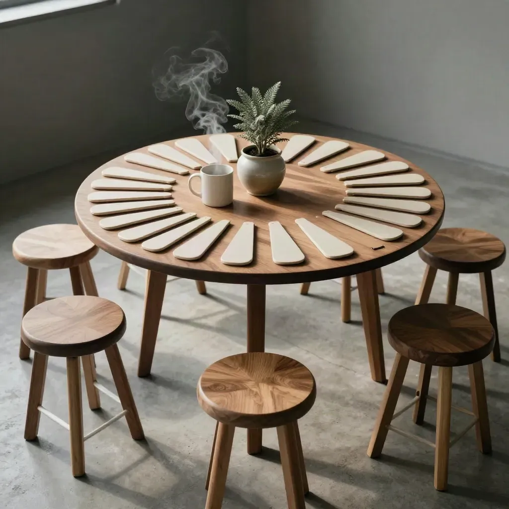 Empty stools circle a walnut table with signal paddles, steam rising from a mug in soft morning haze.