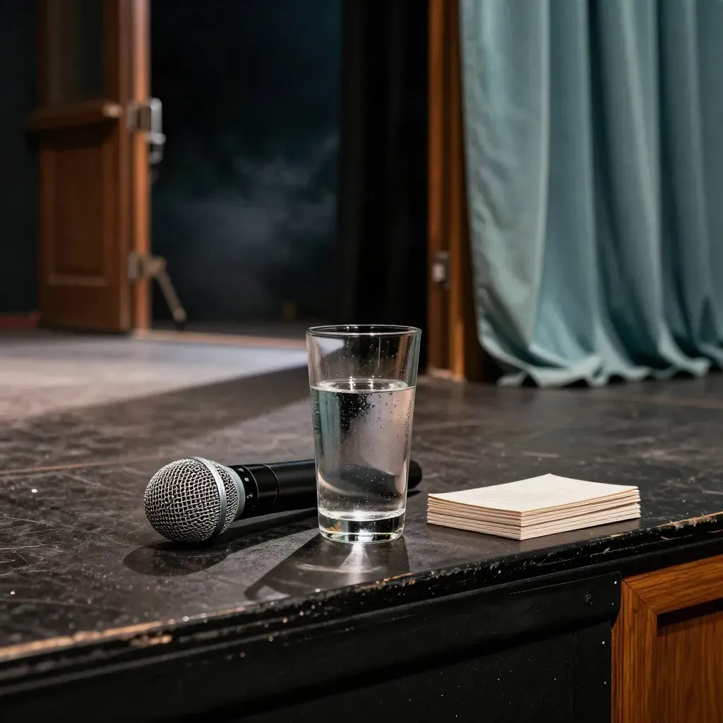 Backstage microphone, water glass and cue cards beside a stage curtain in moody night light.
