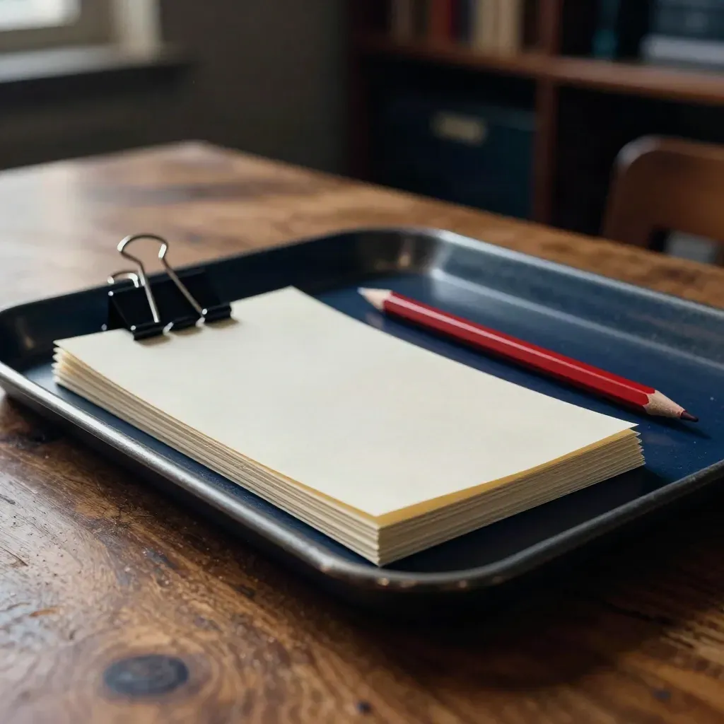 Navy tray with blank slips, binder clips and a red pencil on a sunlit staff table.