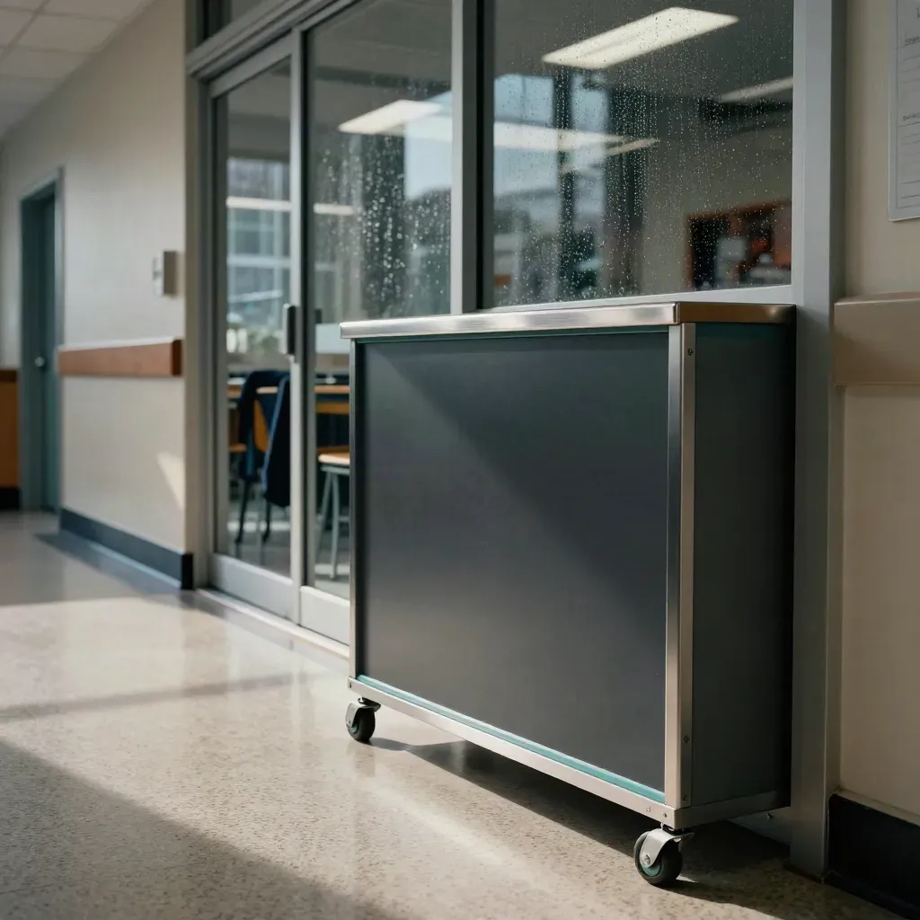Low hallway view of a lectern outside a workshop room, rain on glass, empty chairs beyond.