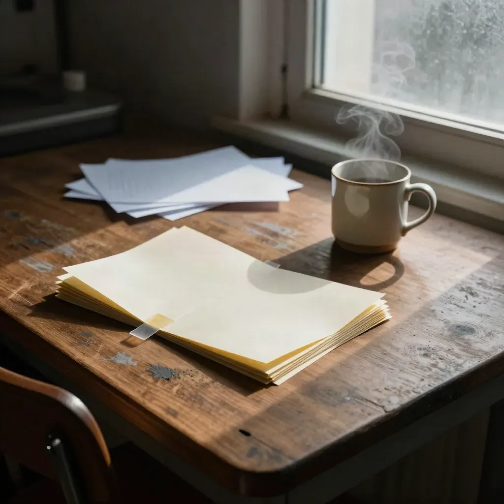 Corner overhead of a feedback lab table with slips, sticky tabs, steaming mug, and chair back by frosted glass.