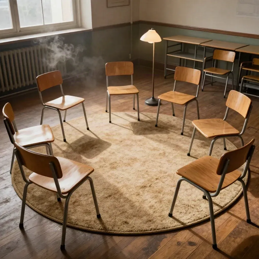 Empty classroom circle with chairs, khaki rug, floor lamp, and radiator steam in warm light.