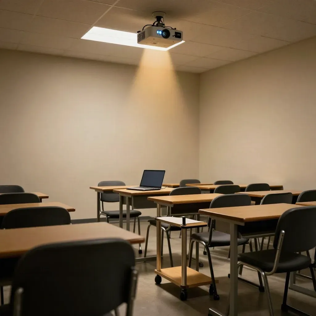 Classroom projector beams across a blank wall with chairs and a laptop cart.