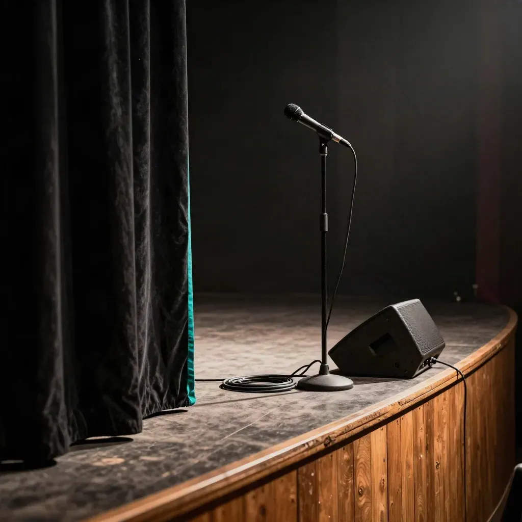 Stage mic, monitor, and cable beside black curtains with teal tape.