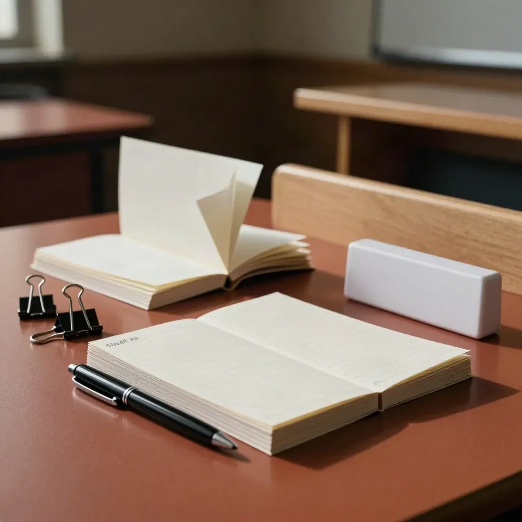 Facilitator guide stack beside a podium, papers lifting in a draft.