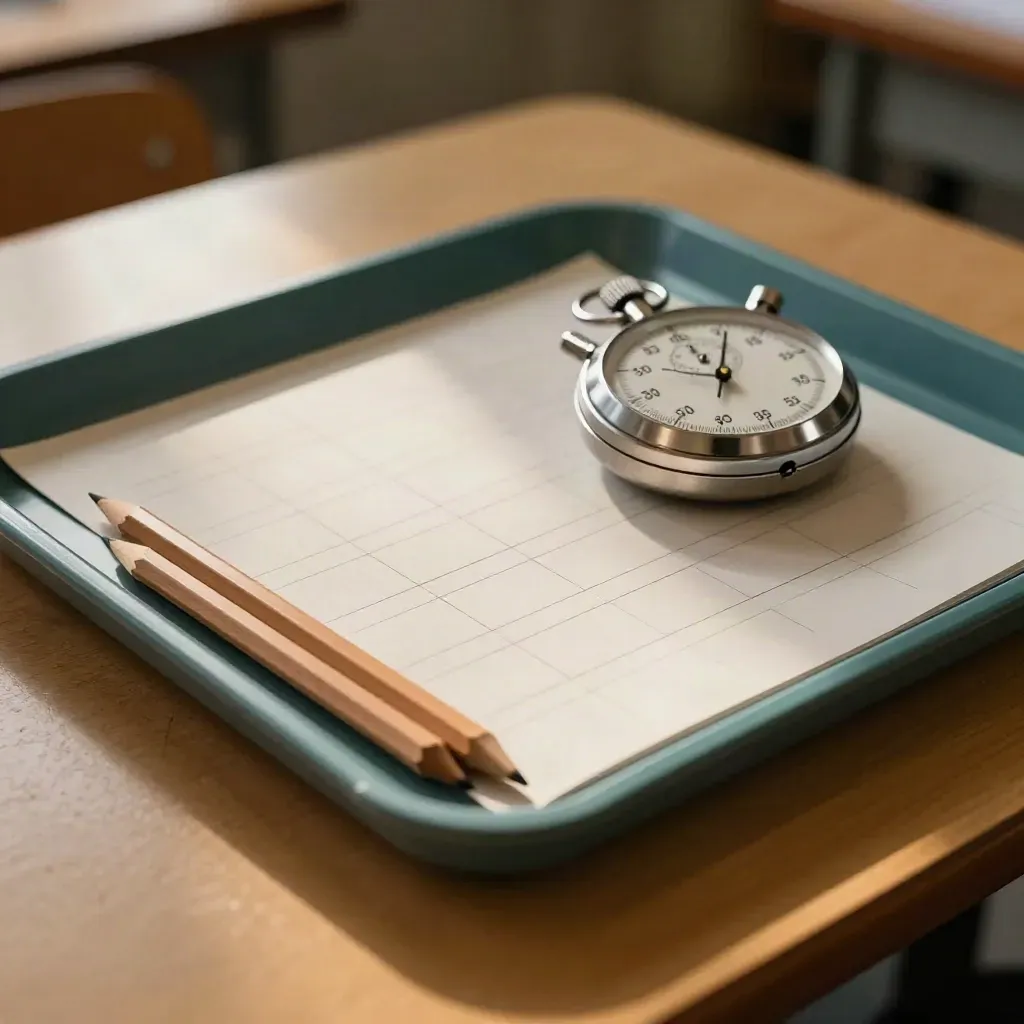 Skill-check tray with score tiles, stopwatch, and pencils on a sunlit classroom desk.