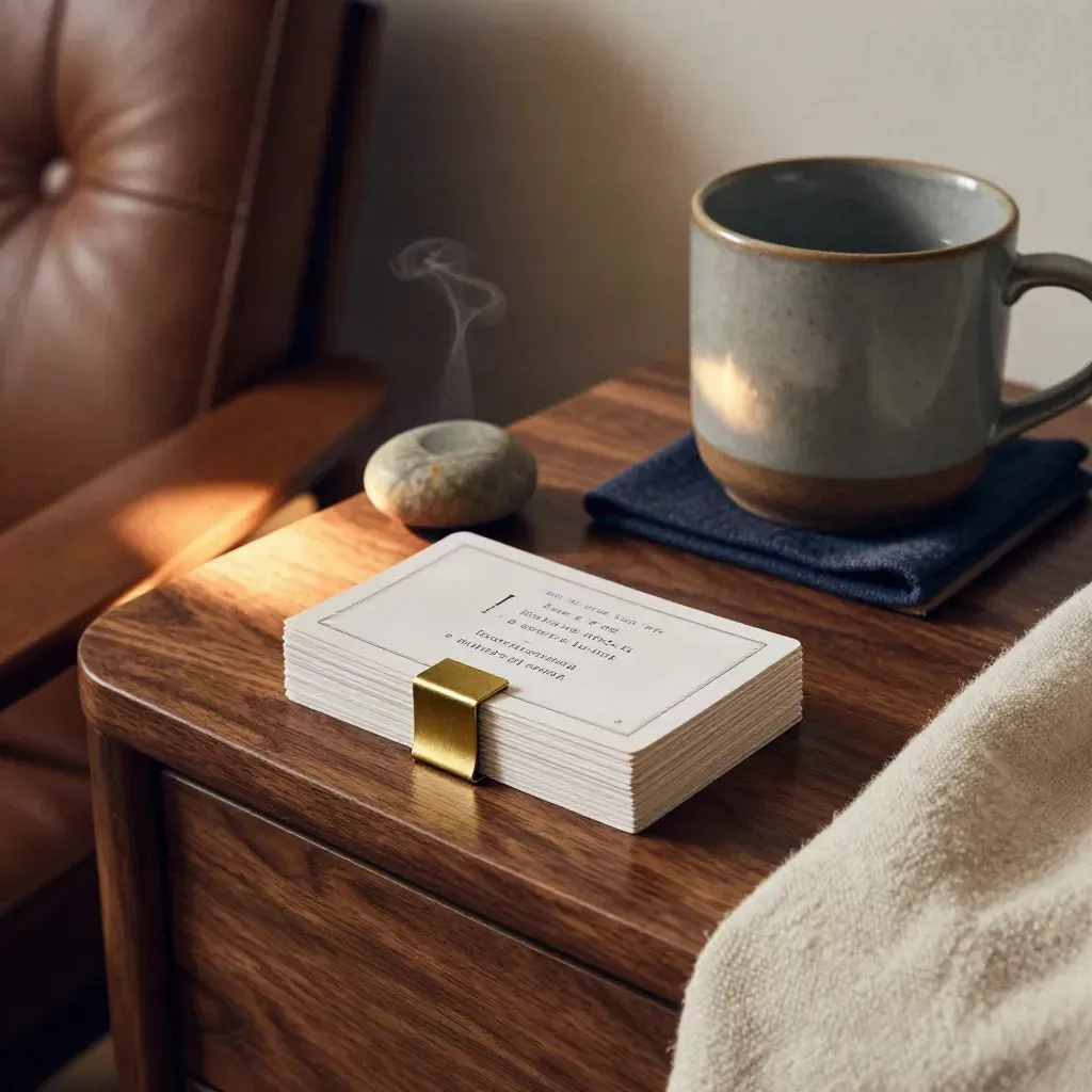 Coaching cards clipped on a walnut side table beside a mug and stone in soft window light.