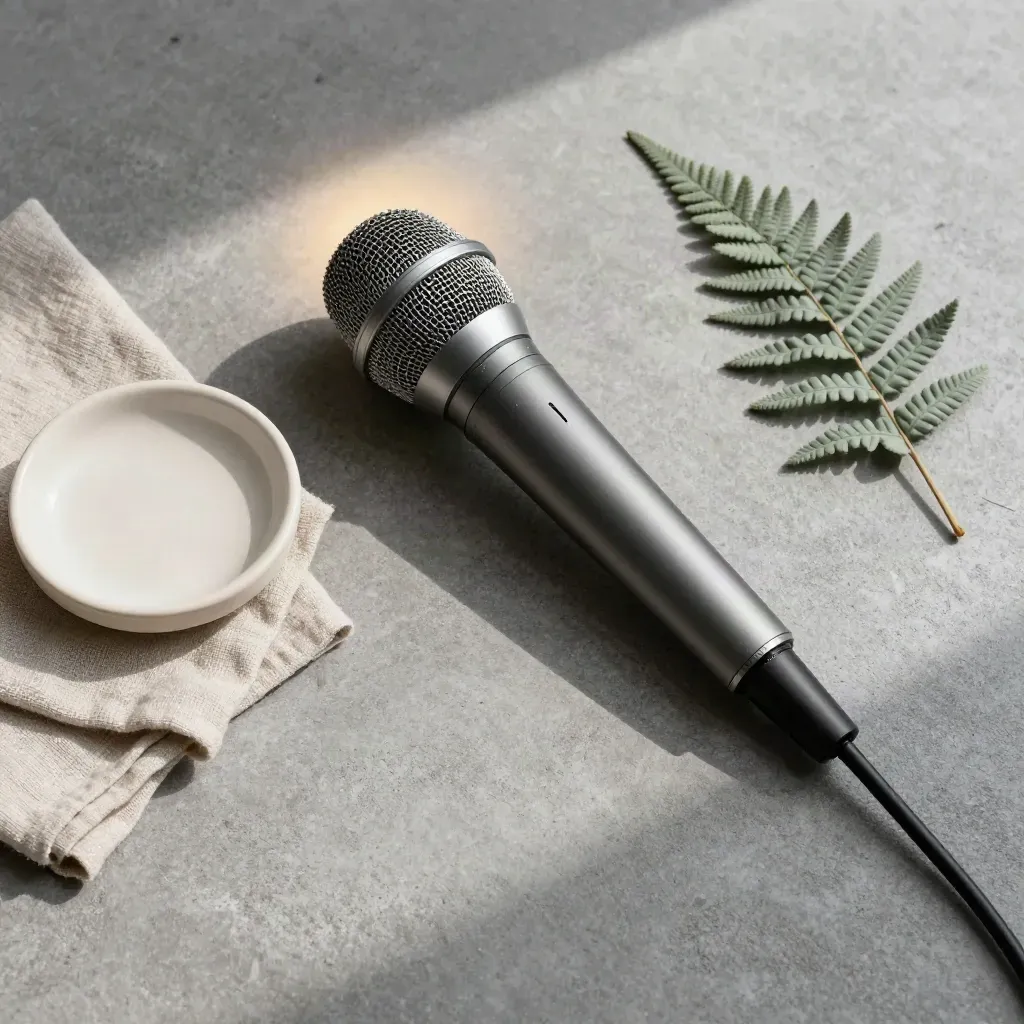 Top-down microphone flatlay with linen, ceramic dish and fern on concrete.