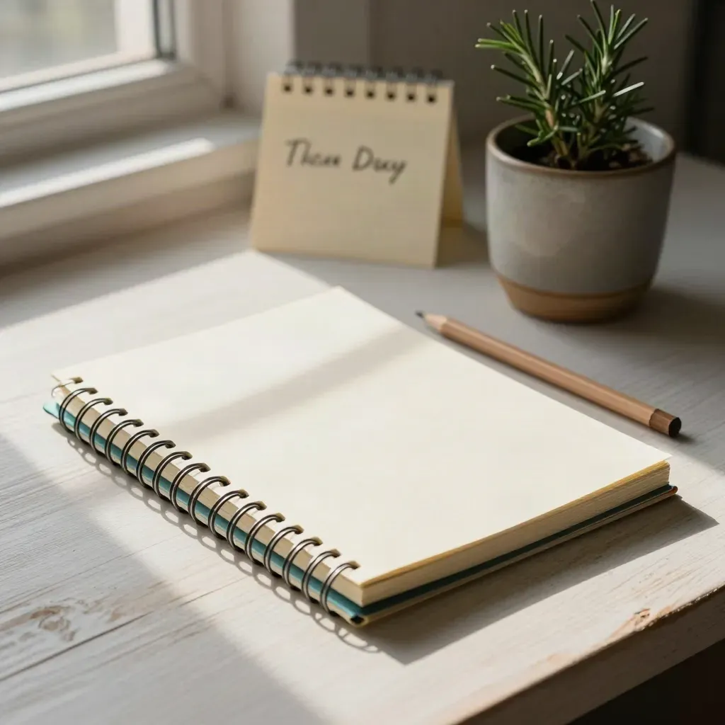 Closed spiral notebook, pencil, stoneware cup, and small plant on a pale wood desk.