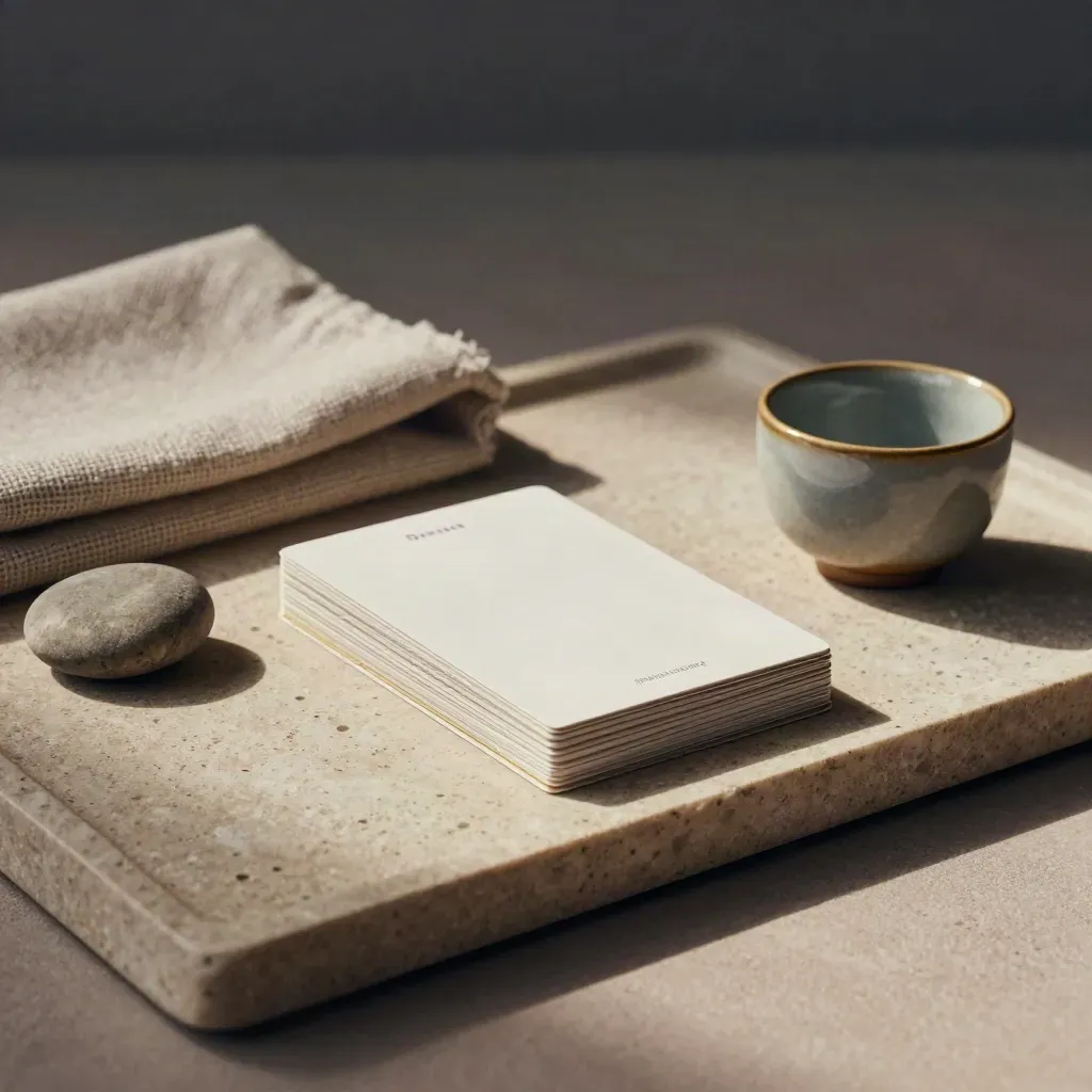 Face-down coach talk card deck on a stone tray with river stone, wool cloth and ceramic cup.