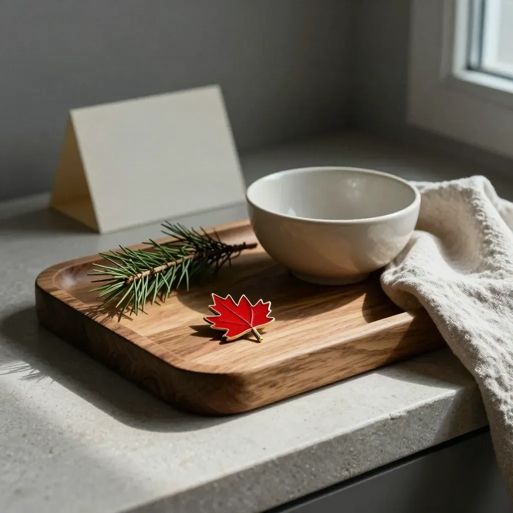 Maple tray with leaf pin, cedar sprig, ceramic bowl and folded linen on a stone shelf.